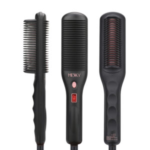 Mesky Heated Electric Hair Straightener Brush featuring ceramic-coated plates and adjustable temperature, for smooth straightening and volumizing at home, available for OEM/ODM orders.