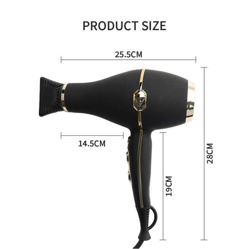 Size chart of Mesky MK-6112 dual voltage hair dryer with 25.5cm length and 28cm height