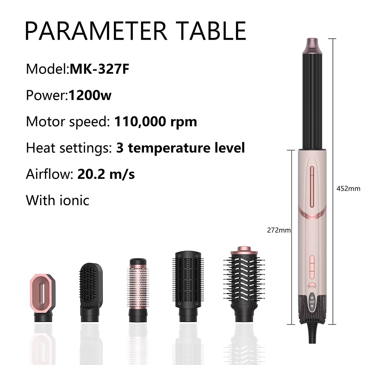 Blow dryer brush and volumizer specifications – 1200W, 3-speed, BLDC motor, dual voltage