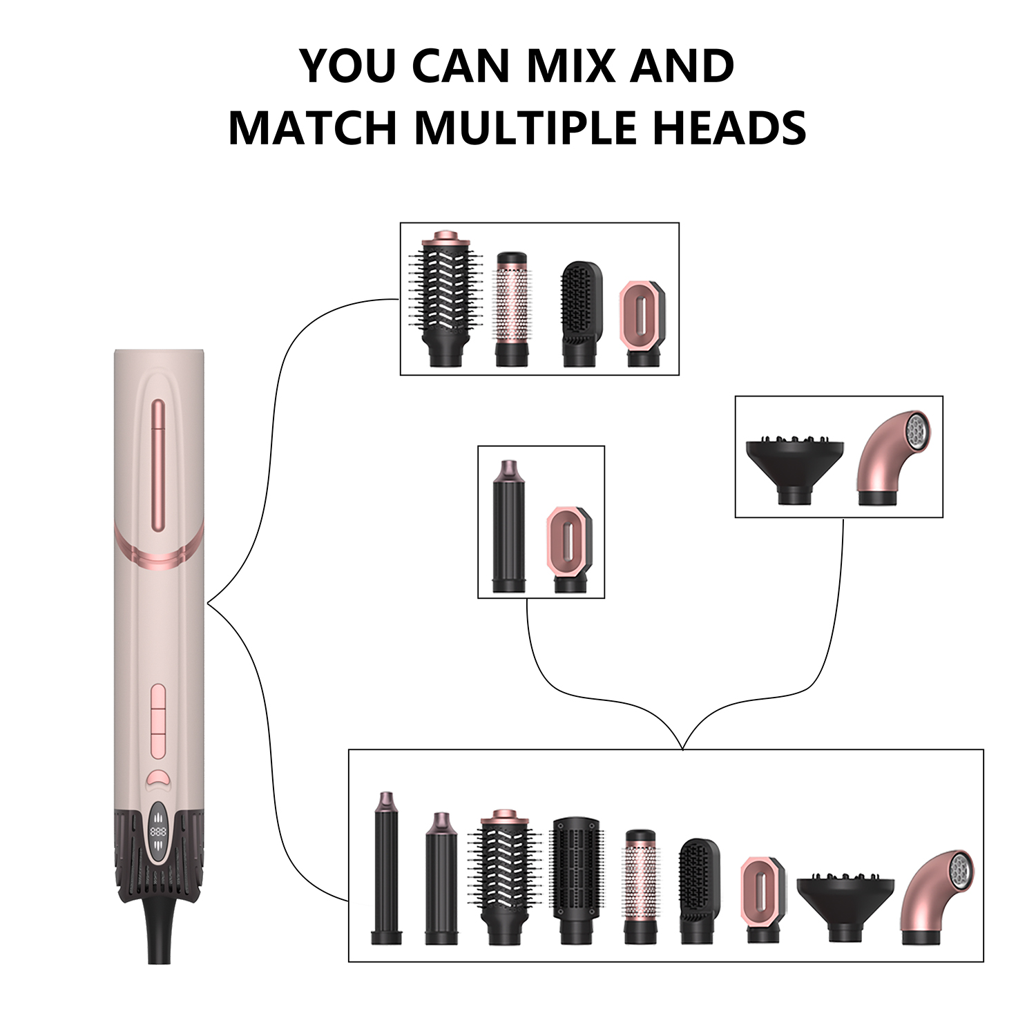 Interchangeable blow dryer brush attachments – volumizer, curling, smoothing, and straightener heads available for OEM