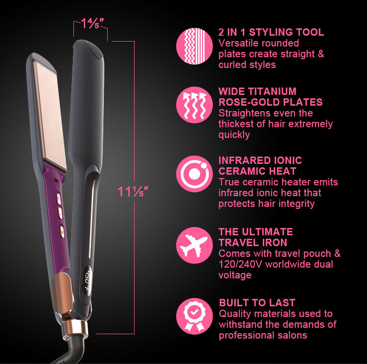 Wide rose-gold titanium plates straightening thick coarse hair