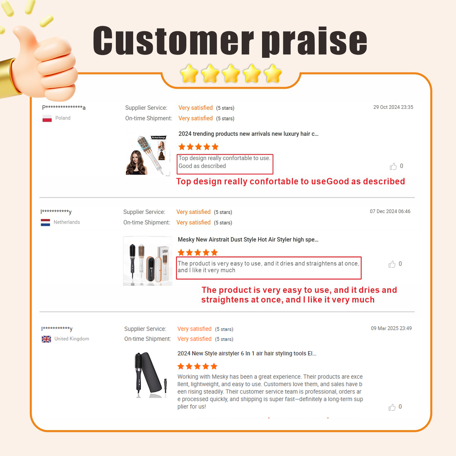 Verified customer feedback for private label hair dryer brush