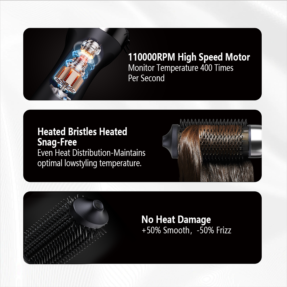 110000RPM motor, snag-free heated bristles, zero heat damage