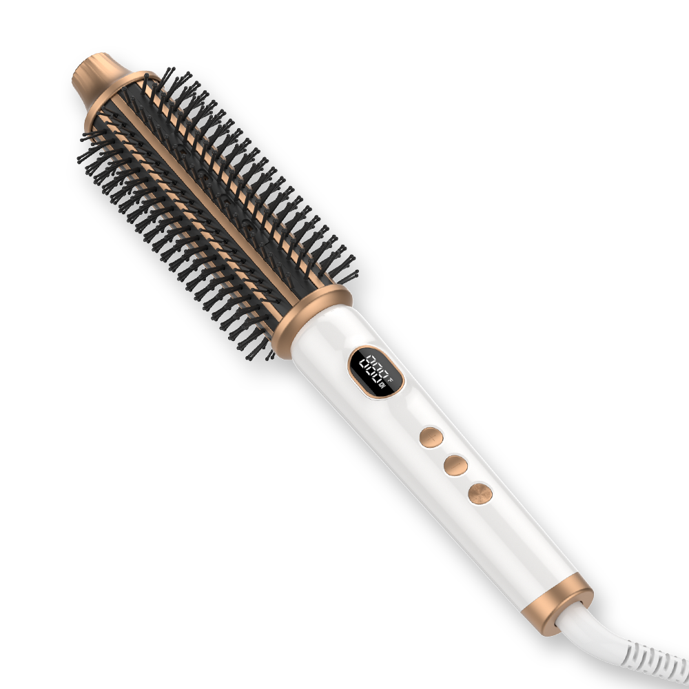White ceramic heated round brush with LCD display and ergonomic handle