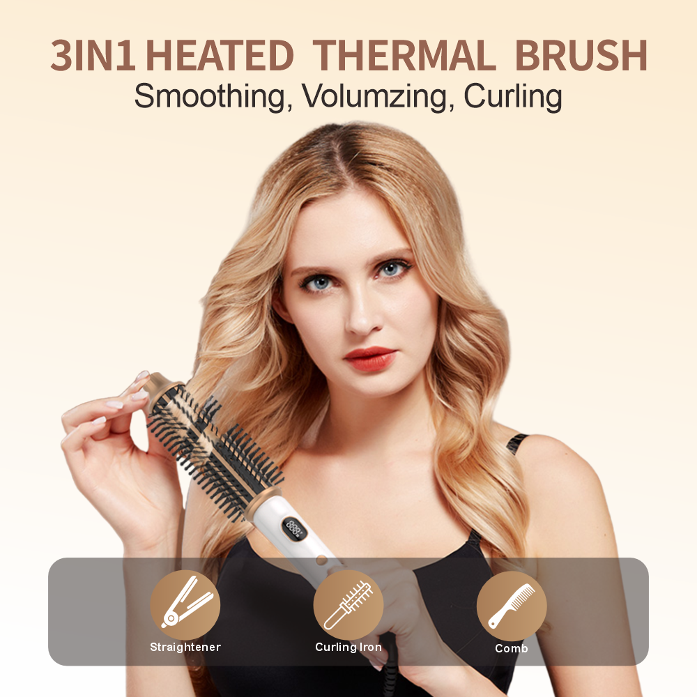 3-in-1 heated thermal brush for smoothing, curling, and volumizing with model use