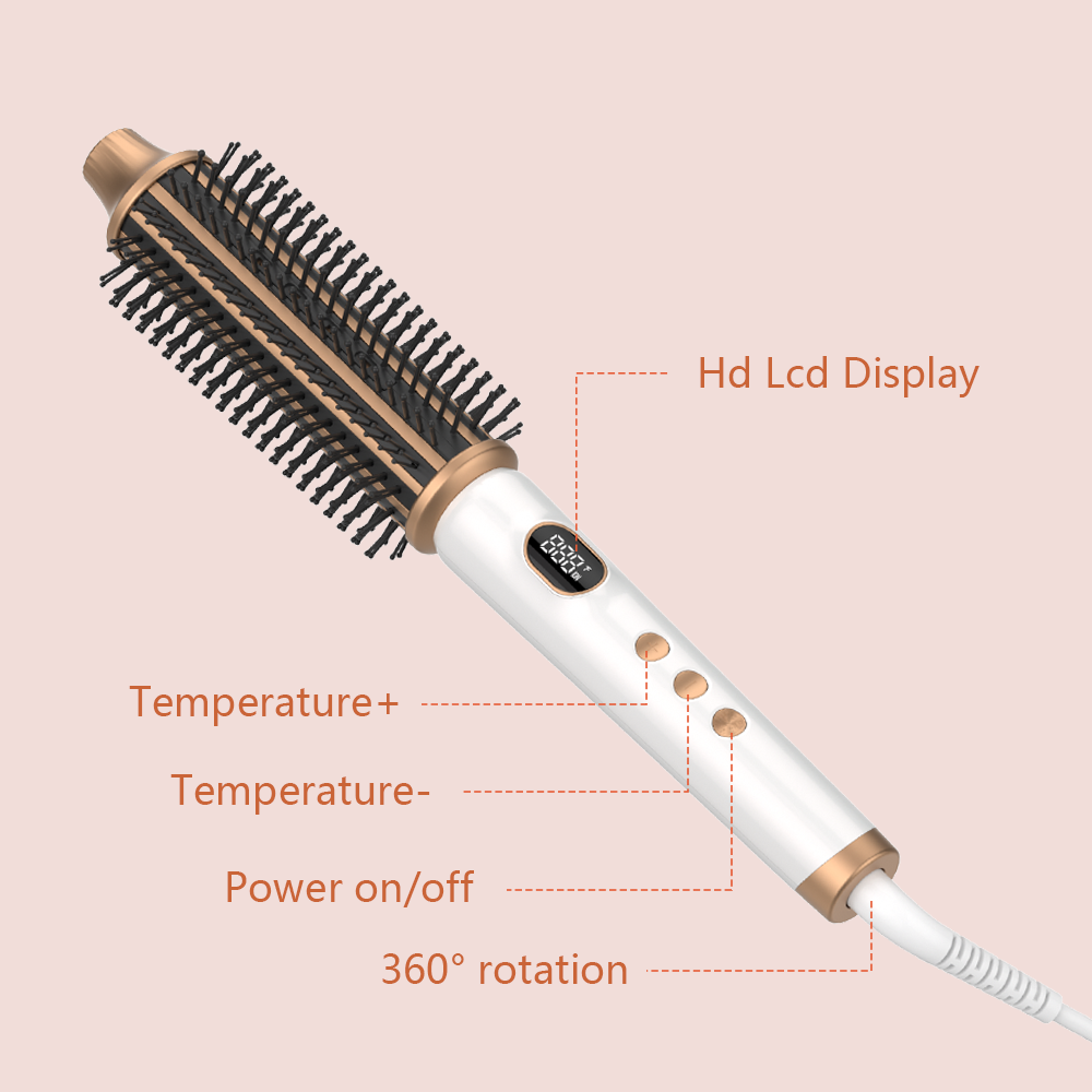 Heated thermal brush with labeled control buttons and 360° swivel cord