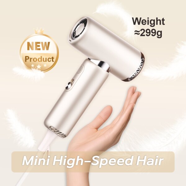 Mini dual voltage hair dryer with ultra-light 299g design, ideal for travel