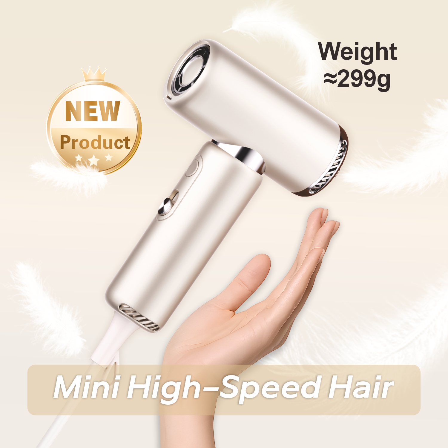 Mini dual voltage hair dryer with ultra-light 299g design, ideal for travel