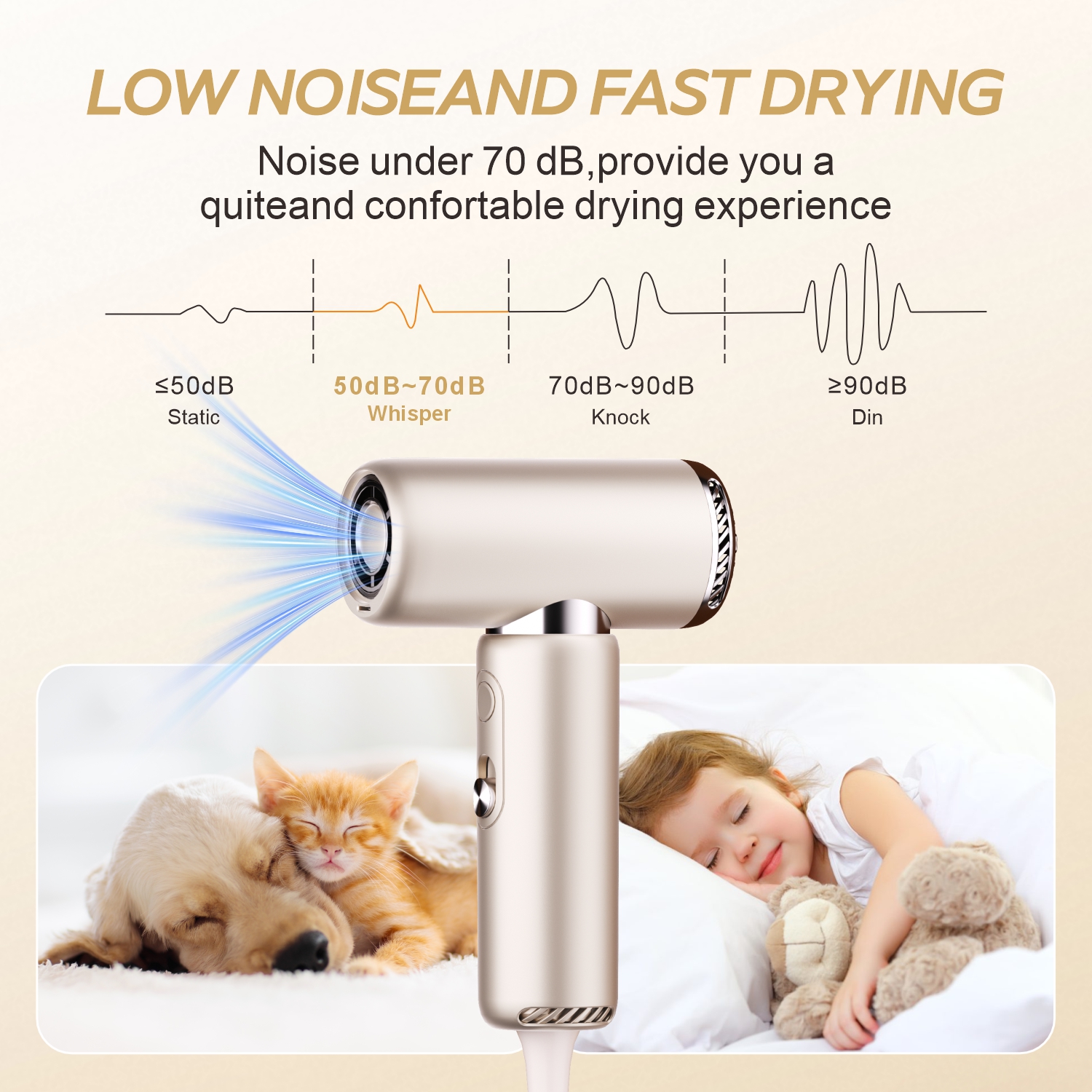 Quiet operation hair dryer under 70dB, safe for babies and pets