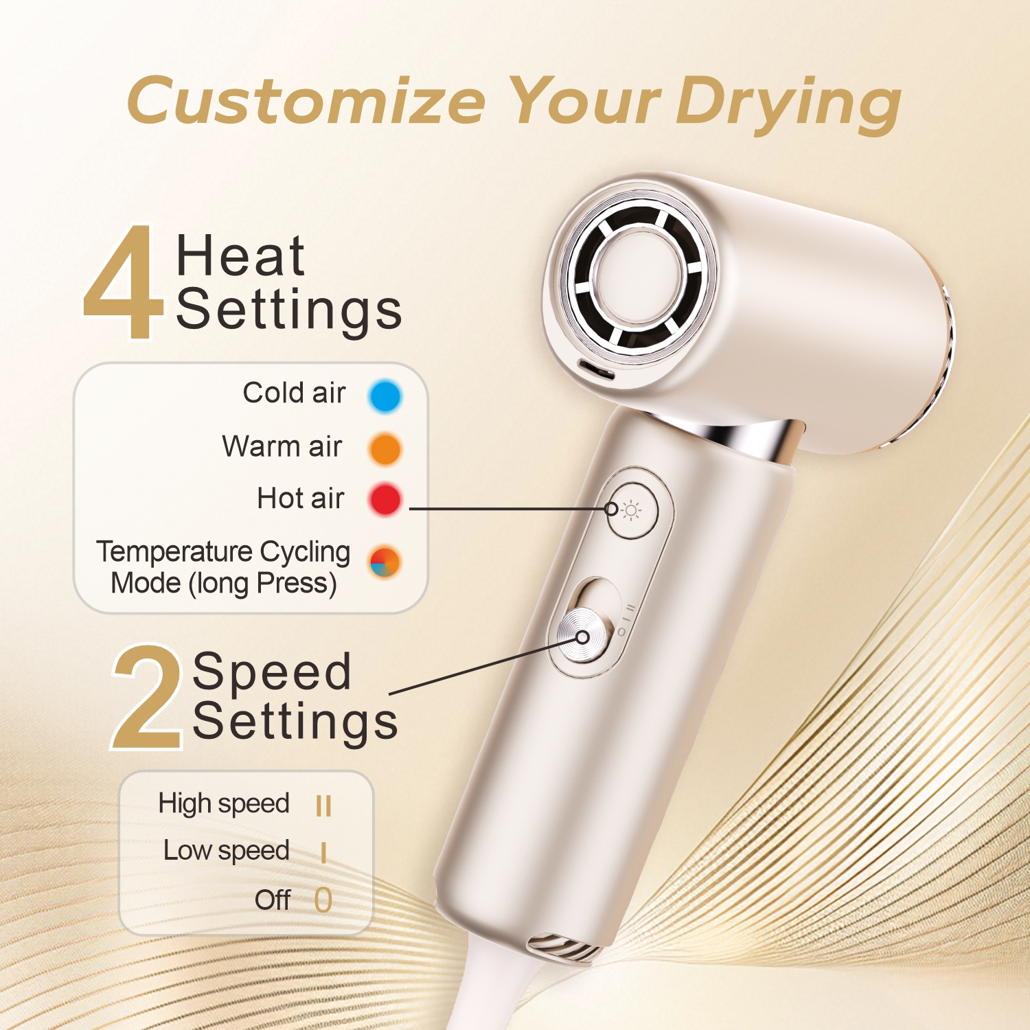 4 heat and 2 speed settings hair dryer with temperature cycling mode