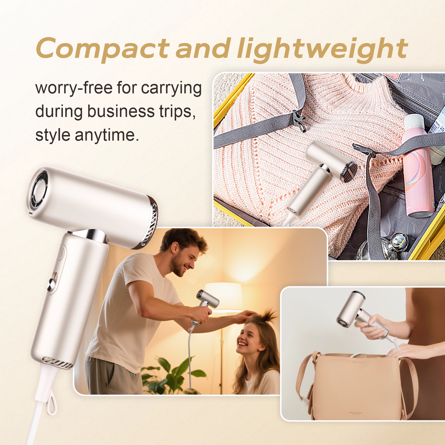 Compact hair dryer fits in travel bags – ideal for business trips and couples