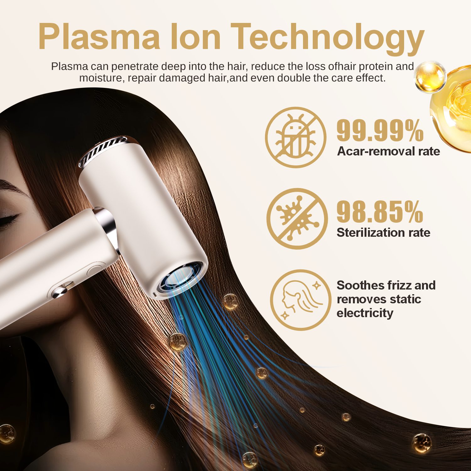 Diagram showing plasma ion emission from a dual voltage travel hair dryer for anti-frizz and moisture retention