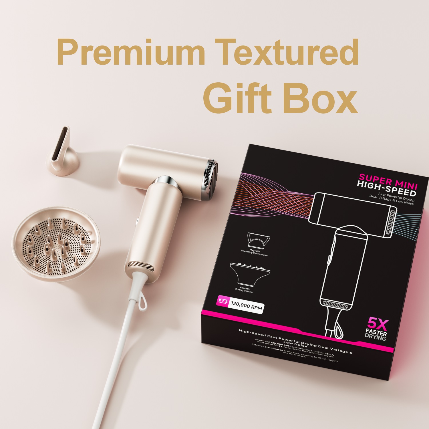 OEM mini hair dryer with premium gift box – includes diffuser and nozzle