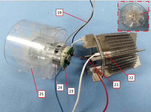 Motor and heating element assembly of MESKY hair dryer reviewed for UL 859 structural safety