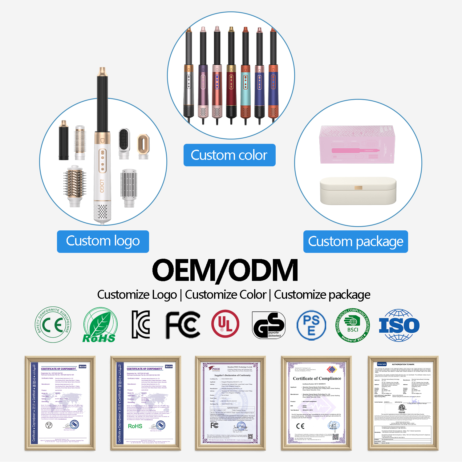 OEM ODM private mold process and customization workflow for hair dryer, hair straightener, and hot air brush with CE RoHS FCC certified manufacturing