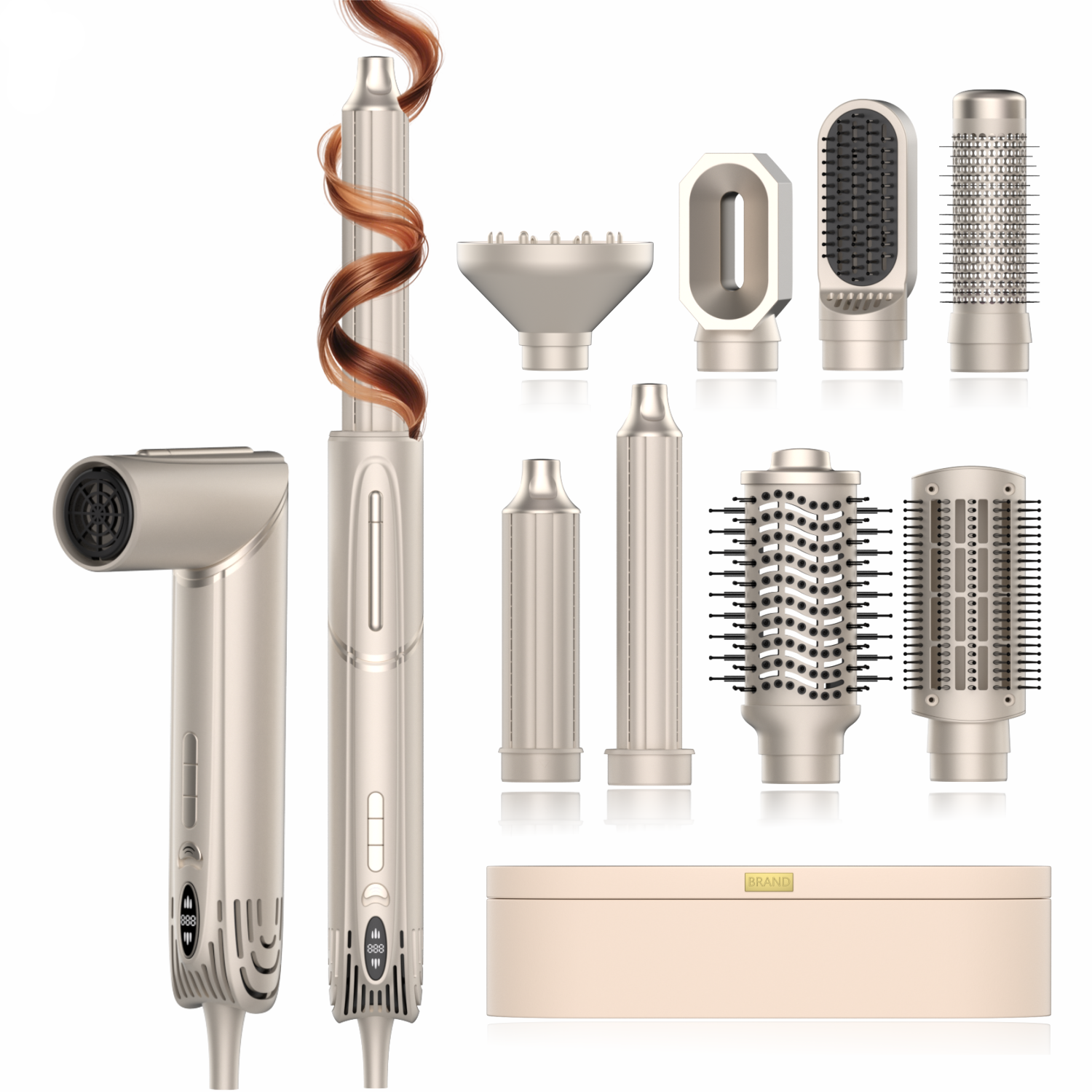 Multi-function hair dryer brush with interchangeable attachments for straightening, curling, and volumizing